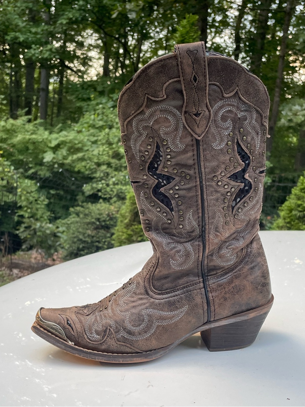 Laredo Tooled-Inlay Embroidery Studded Distressed Leather Cowboy Boots Size 7